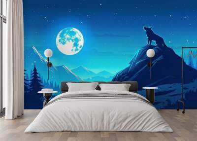 wolf howls at full moon blue nature landscape Wall mural