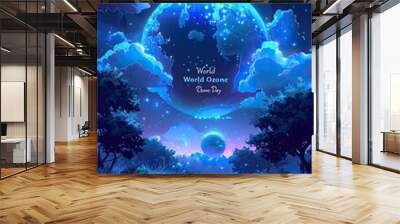 World Ozone Day banner design with a blue neon background Wall mural