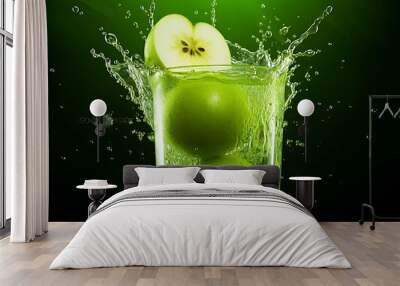 green apple splashing into a glass of water with splash on green background Wall mural