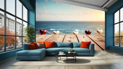 Empty wooden deck table over ocean background with heart shape garland, copy space valentines day concept, generated ai Wall mural