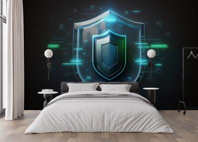 Safety shield technology on data connections futuristic background, protection shield technology, cyber security for web, generated ai Wall mural