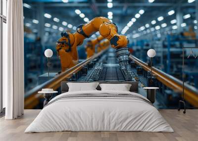 An unmanned automatic factory production robot performs manufacturing in the factory. Wall mural