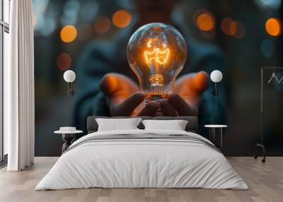 Close-up, hands holding burning light bulb... New idea, invention, invention and development concept Wall mural