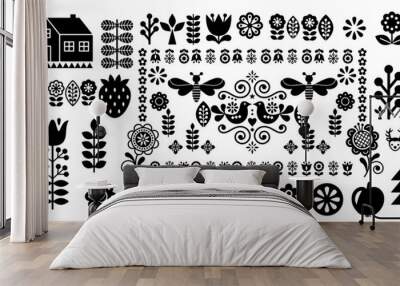 floral folk elements in Scandinavian style, Scandinavian floral folk art vector red design set with flowers. Wall mural