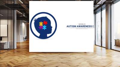 World autism awareness day, child head whit jigsaw puzzle, Autism day puzzle, creative design for autism day, design for social media banner, poster 3D Illustration. Wall mural