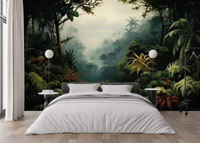 Tropical jungle landscape with parrots and flowers, 3d illustration Wall mural