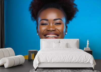 Cheerful African American Woman in Blue Office Attire at Work
 Wall mural