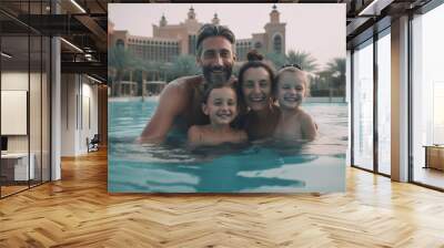 Family enjoying pool with Atlantis Dubai in background, happy and excited.
 Wall mural