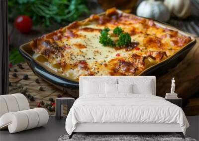 Meat Cannelloni with Bechamel Sauce on Rustic Wooden Table Wall mural