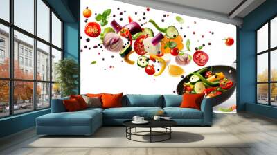 Vegetables flying out of the pan isolated on white background ,Generative ai Wall mural