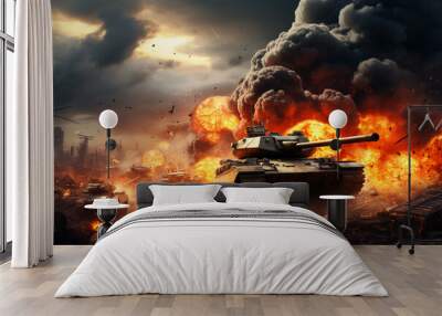 War Concept. Military silhouettes fighting scene tank on war fog sky background, Wall mural