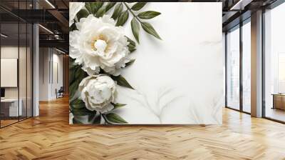 White peony flowers with green leaves on white background, top view Wall mural