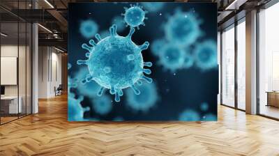 corona virus 2019-ncov flu outbreak, covid-19 3d banner illustration, microscopic view of floating influenza virus cells Wall mural