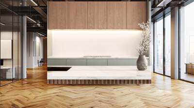 Japandi style kitchen interior design. modern scandinavian apartment with furniture. 3d rendering background Wall mural