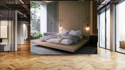 modern minimalist bedroom interior decorating with wood. luxury apartment japanese style. 3D rendering. Wall mural