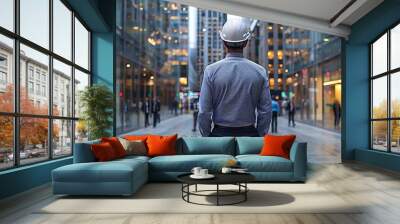 A construction worker in a hard hat walks down a city street surrounded by tall buildings, suggesting the challenges and opportunities of urban development. Wall mural