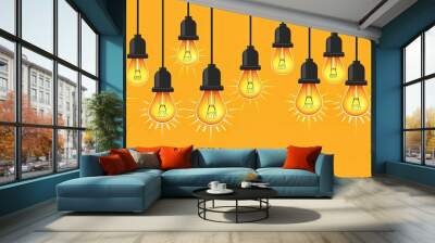 A row of light bulbs hanging on wires against a yellow background.  A concept of creativity, inspiration, and new ideas. Wall mural