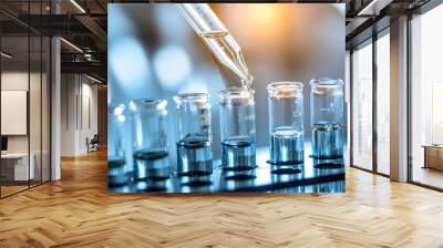 A scientist's hand in a blue glove carefully drips liquid from a dropper into a test tube.  The test tubes are arranged in a row, ready for experimentation. Wall mural