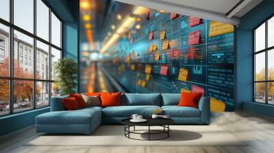 A wall covered with colorful sticky notes and diagrams. It is a representation of brainstorming, planning, and project management. Wall mural