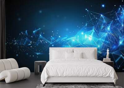 Abstract geometric shapes with glowing lights on a dark background. Futuristic design with a blue and black color scheme. Wall mural