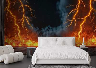 An illustration of two lightning bolts striking the ground, causing a fire on a foggy black background Wall mural