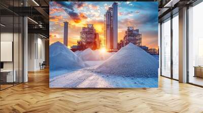 Industrial complex at sunset with large piles of white material. Silhouettes of buildings against a vibrant sky. Wall mural