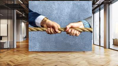 Two businessmen pulling on a rope in a tug of war competition. This image could symbolize business competition, rivalry, or conflict. Wall mural