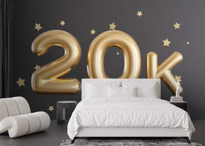 20000 followers card with stars on gray background. Banner for social network, blog. 10k followers or likes celebration. Social media achievement poster. Twenty thousand subscriber. 3d render. Wall mural