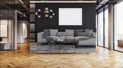 Empty horizontal picture frame on black wall in modern living room. Mock up interior in contemporary, loft style. Free, copy space for your picture, poster. Sofa, carpet, lamp. 3D rendering. Wall mural