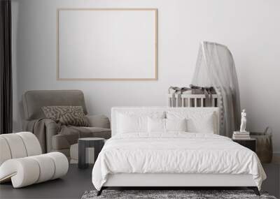 Empty horizontal picture frame on white wall in modern child room. Mock up interior in scandinavian style. Free, copy space for your picture. Baby bed, armchair. Cozy room for kids. 3D rendering. Wall mural