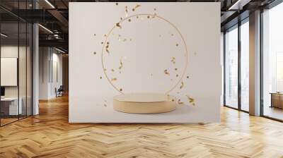 Golden podium with falling confetti on cream background. Elegant podium for product, cosmetic presentation. Luxury mockup. Pedestal or platform for beauty products. Empty scene. 3D rendering. Wall mural