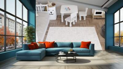 Mock up for carpet. Child room interior in contemporary style. Top view. Space for your carpet or rug design. Modern template. 3D rendering. Wall mural