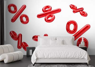 Red percent discount 3D signs on transparent background as png. Sale, special offer, good price, deal, shopping. Cut out elements, group. Sale off. 3D render. Wall mural