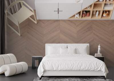 Room mock up for carpet. Children's room interior in scandinavian, contemporary style. Top view. Empty, copy space on parquet floor for your carpet or rug design. Modern template. 3D rendering. Wall mural