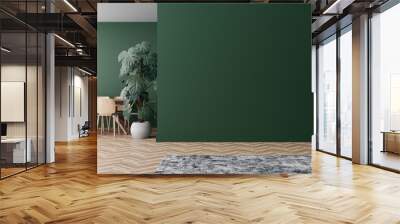 Room with parquet floor, dark green wall and empty space. Table with chairs, monstera plant. Mock up interior. Free, copy space for your furniture, picture, decoration and other objects. 3D rendering. Wall mural