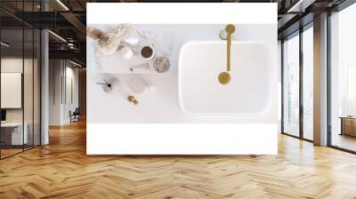 Washbasin mit faucet and cabinet on transparent background. Top view. Cut out bathroom furniture. Modern sink. Modern interior design element. Cleanliness, washing, routine. Copy space. 3D render. Wall mural