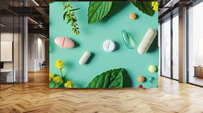 A conceptual image contrasting pharmaceutical drugs and natural herbal medicine on a fresh green background. Wall mural