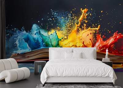 A creative and dynamic explosion of colorful paint splashes from an open book symbolizing imagination Wall mural