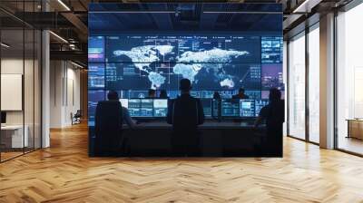 A cybersecurity operations center with focused analysts monitoring data on large screen displays. Wall mural