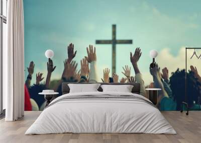 A diverse community of individuals with raised hands in worship towards a Christian cross Wall mural