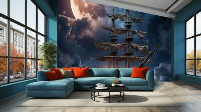 A pirate ship flying through the clouds in the night sky. Wall mural