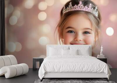 A smiling little girl wearing a sparkling tiara, set against a soft pink background Wall mural