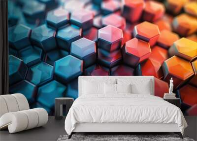 A vividly colored abstract hexagonal pattern, creating a threedimensional effect that conveys a sense of modern art and design Wall mural