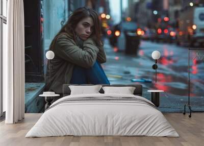 A young woman appears desolate sitting alone on a city sidewalk Wall mural