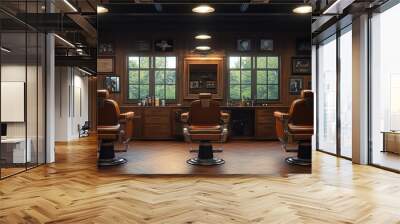 Classic barbershop interior with leather chairs, bathed in warm, ambient lighting Wall mural