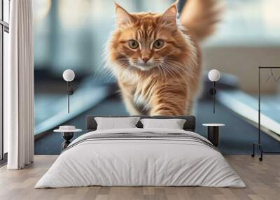 Fluffy cat walking determinedly on a treadmill in a modern gym setting Wall mural