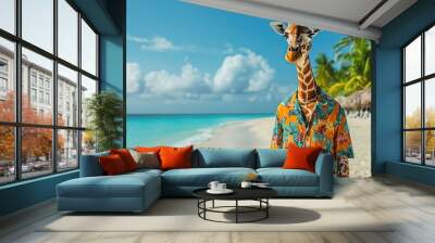 Giraffe on Beach Giraffe in a Hawaiian shirt on a sunny beach, ocean and palm trees in background Wall mural