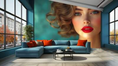 Glamorous woman with vintage curls, bold red lipstick, in a red dress, dramatic lighting Wall mural