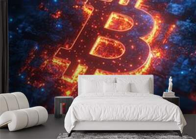 Glowing Bitcoin symbol in a futuristic digital network of blue and red lights Wall mural