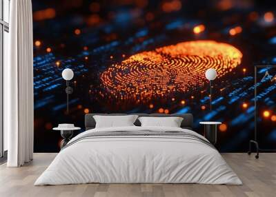 Glowing fingerprint in digital matrix of blue and orange codes, in a dark, techthemed background Wall mural